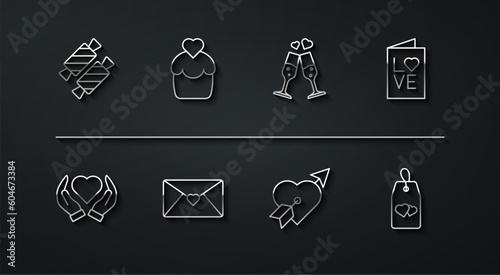 Set line Candy, Heart in hand, Valentines day party flyer, Amour with heart arrow, Envelope, Wedding cake, Please do not disturb and Glass of champagne icon. Vector