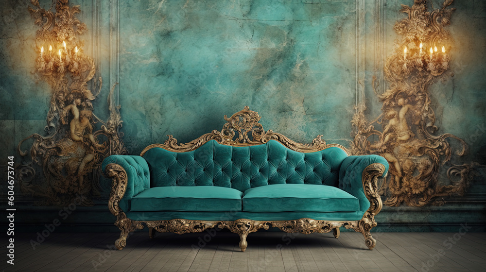 Naklejka premium Armchair in an interior room, behind the sofa a distressed rococo wall in gold and turquoise. Luxury feeling. Generative AI