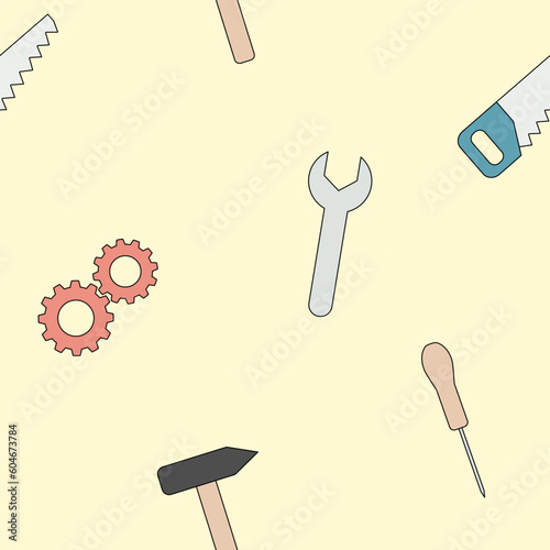 Seamless pattern with house repair work tools , screwdriver, hammer, wrench, gear and saw