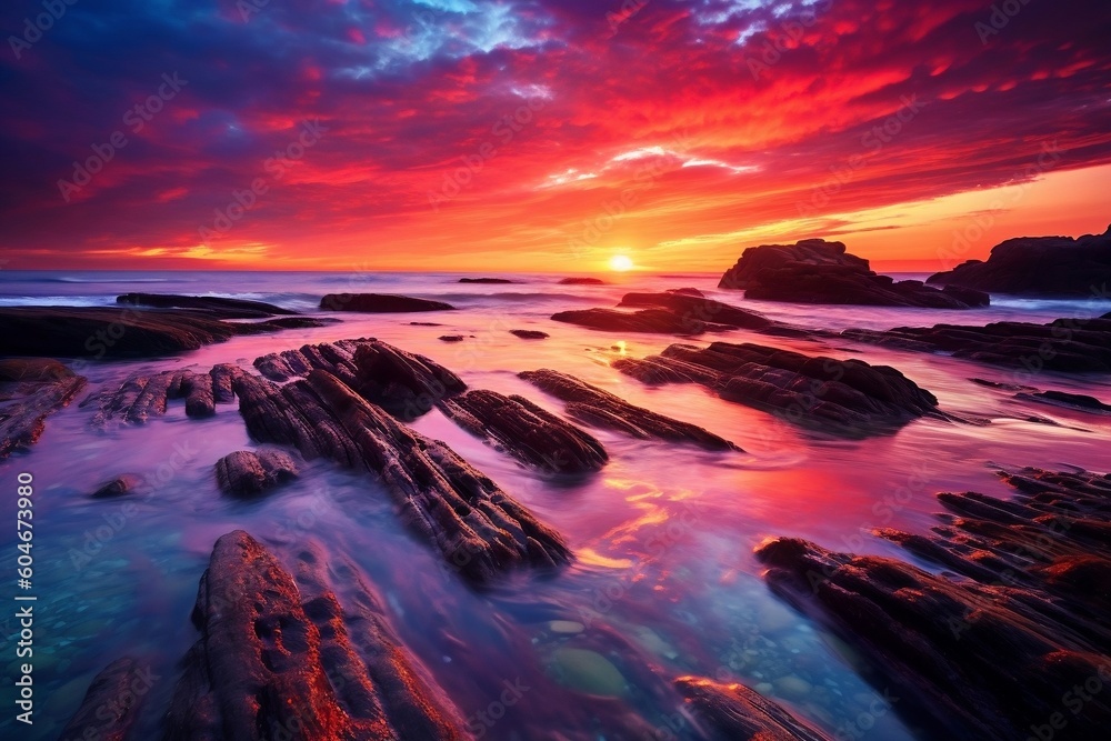 Vibrant Ocean Sunset Nature's Dazzling Palette. AI