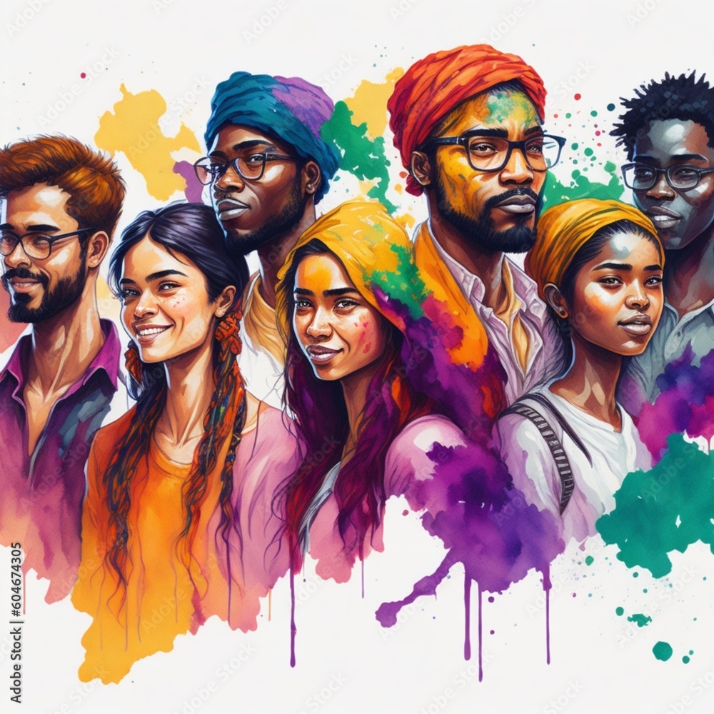 Watercolor illustration with young people of various ethnicities celebrating youth day. Generated ai