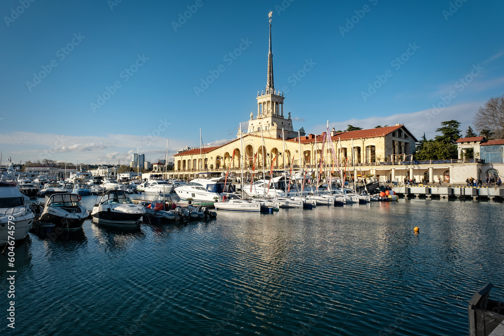 Russia, Sochi - April 13, 2023, seaport, Ships and yachts at the pier