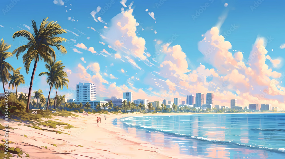 Illustration of a sunny day in an American resort town