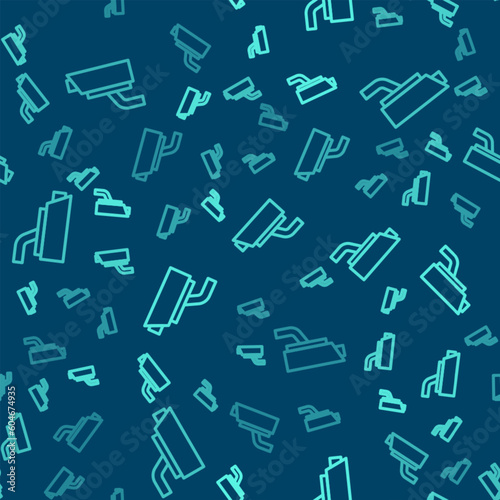 Green line Security camera icon isolated seamless pattern on blue background. Vector