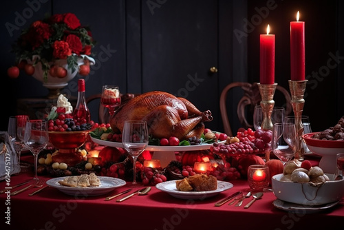 Delicious roasted turkey on served for Christmas table. Generative AL © Olga
