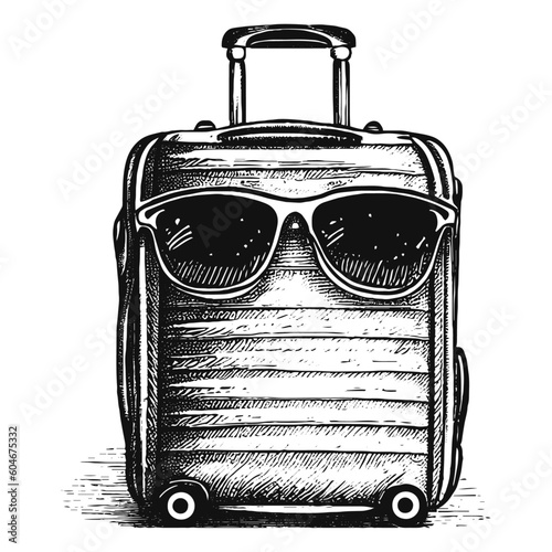 baggage wearing sunglasses, vacation suitcase vector sketch
