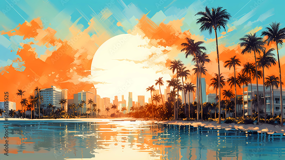 Illustration of a sunny day in an American resort town