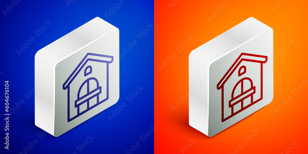 Isometric line Farm house icon isolated on blue and orange background. Silver square button. Vector