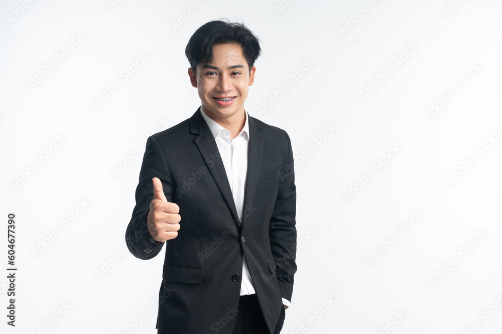 Smiling businessman with thumb up on white background Smiling businessman with thumb up on white background