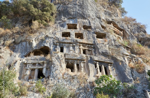 A massive carved Lycian tomb in central Fethiye, Turkey