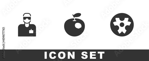 Set Laboratory assistant, Genetically modified apple and Biohazard symbol icon. Vector