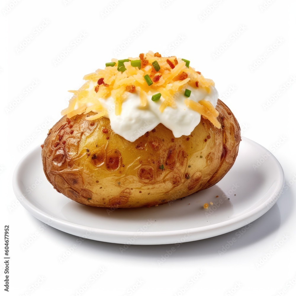 Delicious Baked Potato with Sour Cream, and Chives on a White Background Generative AI