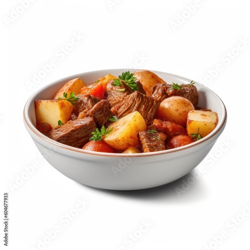 Delicious Bowl of Beef Stew on a White Background Generative AI