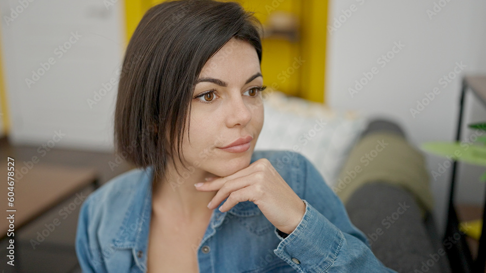 Young caucasian woman sitting on sofa with relaxed expression at home Young caucasian woman sitting on sofa with relaxed expression at home