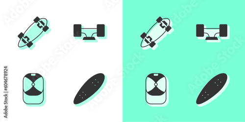 Set Longboard or skateboard, , Baseball cap and Skateboard wheel icon. Vector