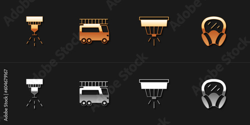 Set Fire sprinkler system, truck, Smoke alarm and Gas mask icon. Vector