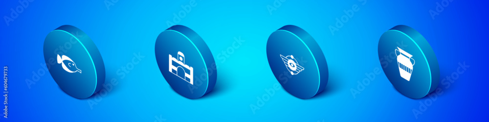 Set Isometric Butterfly fish, Egyptian symbol Winged sun, vase and house icon. Vector Set Isometric Butterfly fish, Egyptian symbol Winged sun, vase and house icon. Vector
