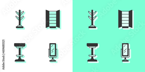 Set Big full length mirror, Coat stand, Chair and Wardrobe icon. Vector