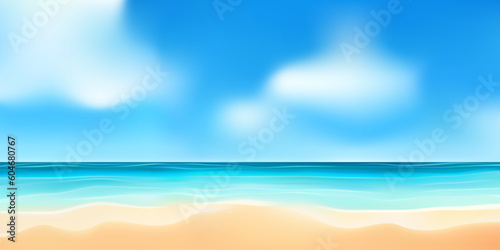 Landscape, summer tropical beach. Azure sea, ocean, surf, blue sky with clouds, sand. Design concept for travel, family vacation. Natural beach background. Vector illustration