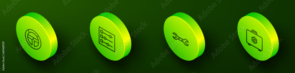 Set Isometric line Steering wheel, Car settings, Wrench spanner and Toolbox icon. Vector Set Isometric line Steering wheel, Car settings, Wrench spanner and Toolbox icon. Vector