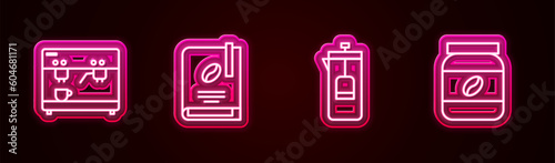 Set line Coffee machine, book, French press and jar bottle. Glowing neon icon. Vector