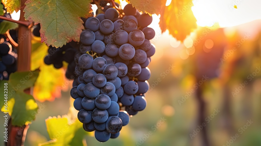 bunch of grapes in orchard, idea for agricultural and fruitfulness theme concept background wallpaper, purple grapes Generative Ai