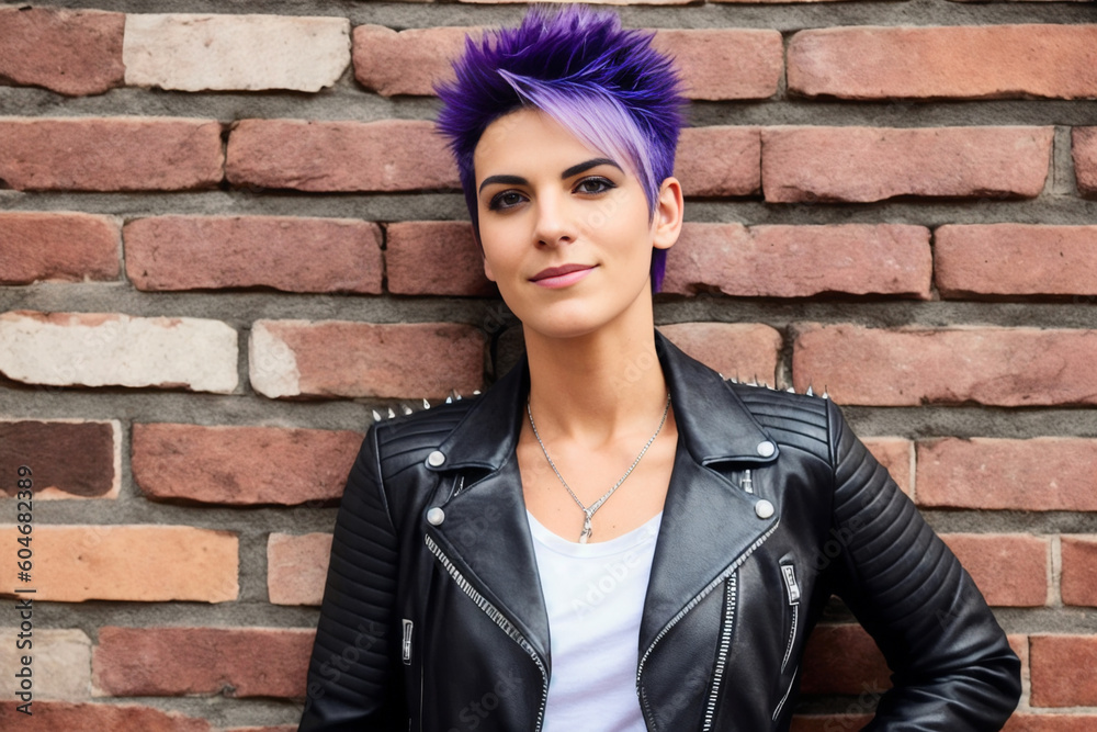 Digital portrait of a young happy beautiful punk rock woman. Concept of active life. Generative AI Digital portrait of a young happy beautiful punk rock woman. Concept of active life. Generative AI