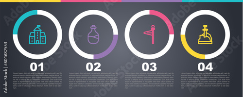 Set line Castle, fortress, Old bottle of wine, Medieval flag and Sword the stone. Business infographic template. Vector
