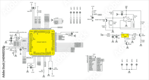 Connection of peripheral devices to the microcontroller. Vector electrical schematic diagram of an electronic device.