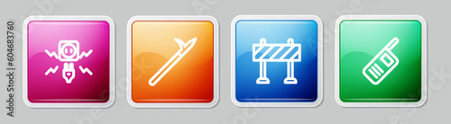 Set line Electricity spark, Metal pike pole, Road barrier and Walkie talkie. Colorful square button. Vector