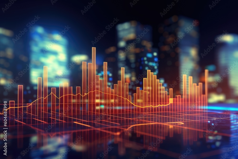 Obraz premium Perspective view of stock market growth, business investing and data concept with digital financial chart graphs, diagrams and indicators