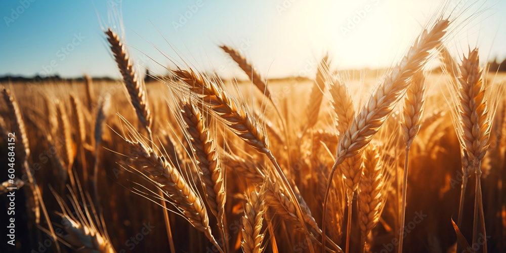 Wheat field. Ears of golden wheat close-up.
Rich harvest concept. Generative AI