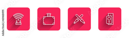 Set line Router and wi-fi signal, Suitcase, Marshalling wands and Passport with ticket with long shadow. Red square button. Vector