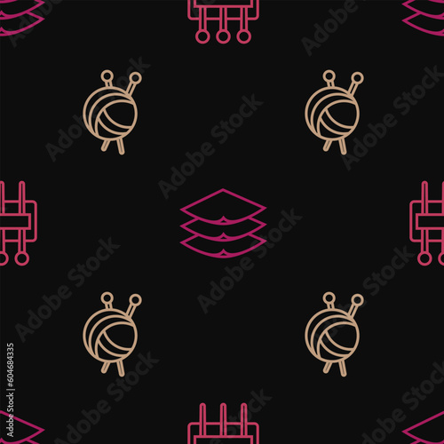 Set line Needle for sewing, Yarn ball with knitting needles and Layers clothing textile on seamless pattern. Vector
