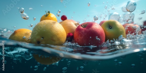 fresh water green background strawberry healthy apple food drop fruit vitamin. Generative AI.
