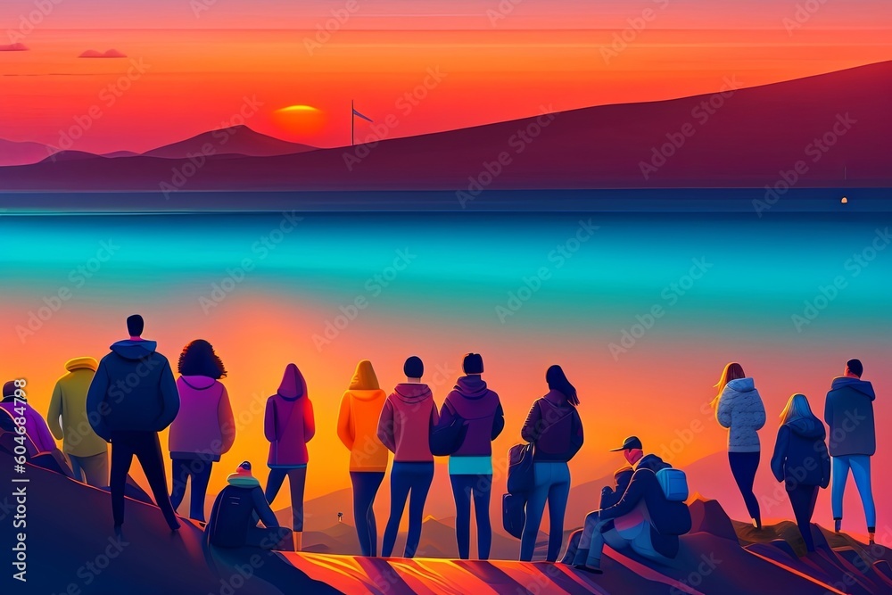 Fototapeta premium Nighttime Sci-Fi Portrait of Crowd with Low Realism and Moody Lighting Generative AI