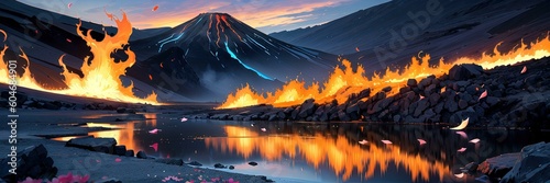 Mountain landscape with fire at sunset