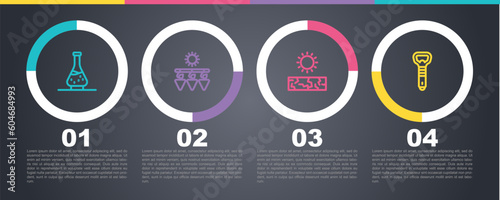 Set line Decanter for wine, Drying grapes, Drought and Bottle opener. Business infographic template. Vector