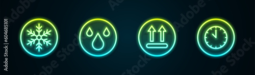 Set line Snowflake, Water drop, Temperature wash and Clock. Glowing neon icon. Vector
