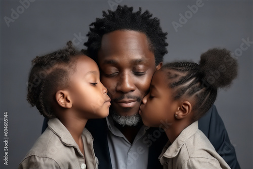 black mid father and child hugging and kissing on a dark grey background, generative ai