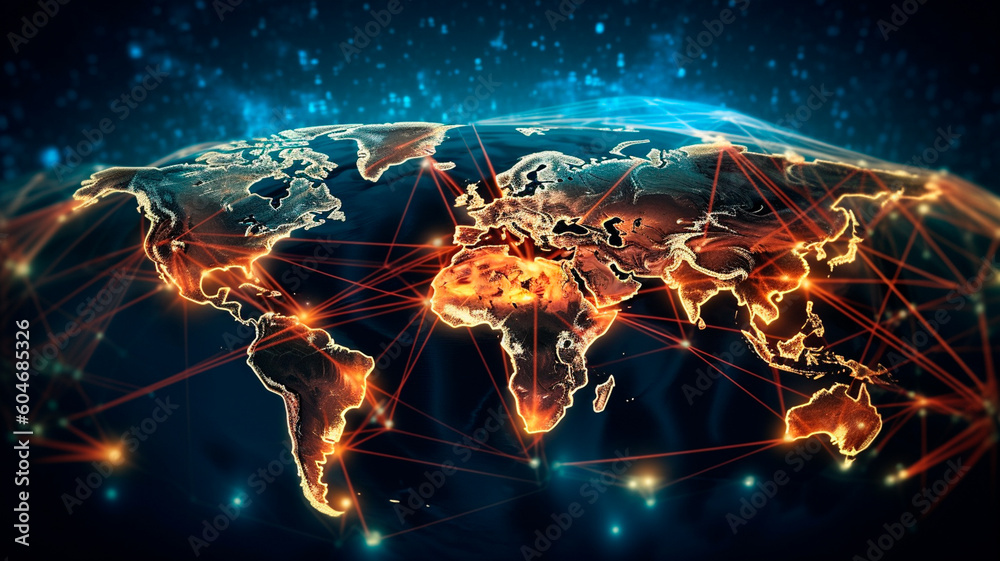 Supply Chain Network digital illustration of a world map with ...