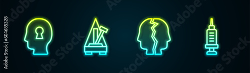 Set line Solution to the problem, Metronome with pendulum, Bipolar disorder and Addiction drug. Glowing neon icon. Vector