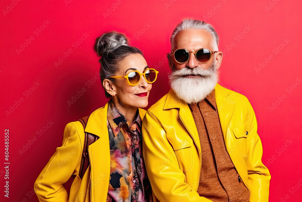 Portrait of a stylish fashionable cool adult couple in glasses on a red background created with Generative AI technology - obrazy, fototapety, plakaty 