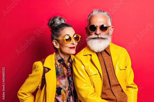 Portrait of a stylish fashionable cool adult couple in glasses on a red background created with Generative AI technology