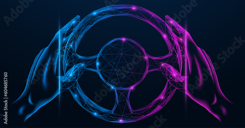 Artificial intelligence controls the car. An unmanned vehicle. Polygonal design of interconnected lines and points.
