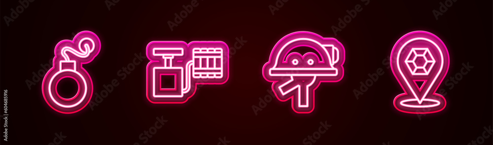 Set line Bomb, Handle detonator, Miner helmet and Gem stone. Glowing neon icon. Vector Set line Bomb, Handle detonator, Miner helmet and Gem stone. Glowing neon icon. Vector