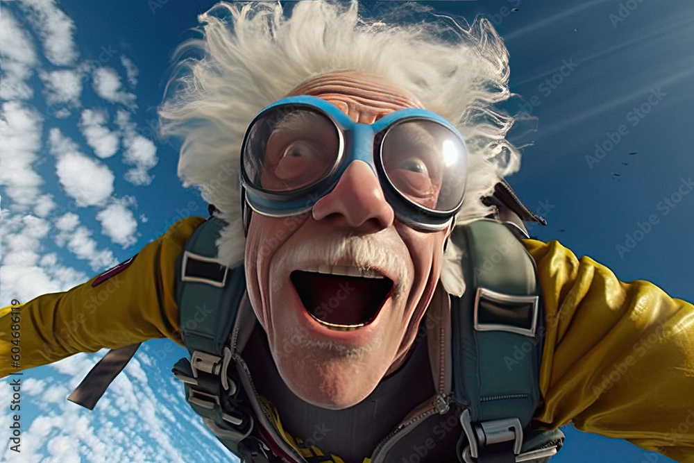 Cheerful carefree joyful crazy active cool grandfather skydiving made with Generative AI technology Cheerful carefree joyful crazy active cool grandfather skydiving made with Generative AI technology