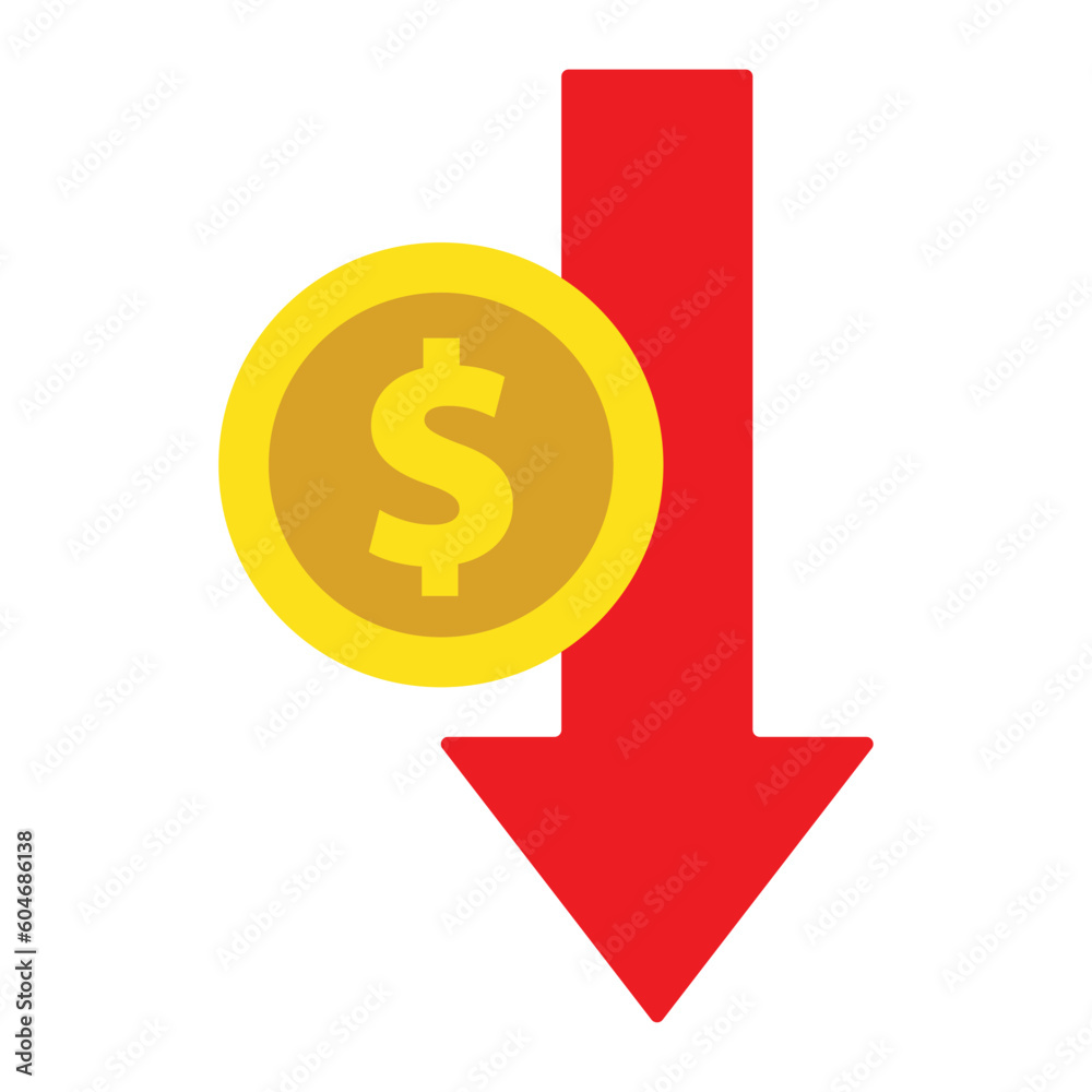 Red arrow going down stock with dollar coin on white background. Bankruptcy, financial market crash icon for your web site design, logo, app, UI. graph chart downtrend symbol.chart going down sign. Red arrow going down stock with dollar coin on white background. Bankruptcy, financial market crash icon for your web site design, logo, app, UI. graph chart downtrend symbol.chart going down sign.