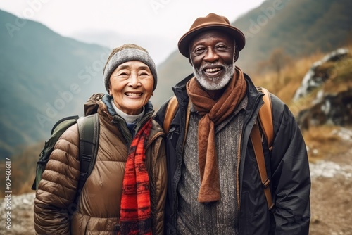 Multicultural traveling adult couple hiking together in the mountains created with Generative AI technology