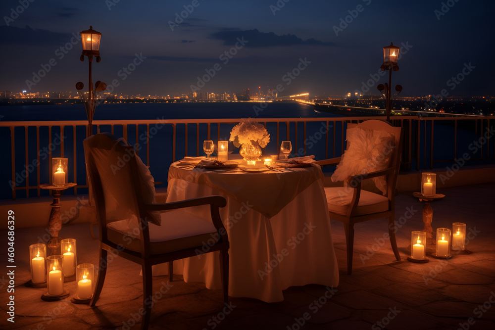 Amazing romantic dinner in a luxury hotel with candles under the sunset sky. Romance and love, luxurious restaurants, exotic table setting overlooking the sea